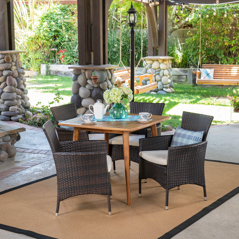 Outdoor 5 Piece Wood and Wicker Dining Set, Teak and Multi Brown - NH511503