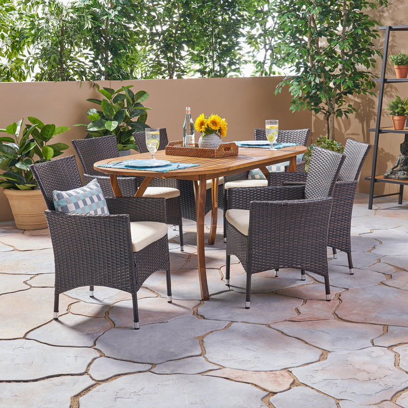 Outdoor 7 Piece Acacia Wood and Wicker Dining Set, Teak with Multi Brown Chairs - NH520503