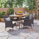 Outdoor 7 Piece Acacia Wood and Wicker Dining Set, Teak with Multi Brown Chairs - NH520503