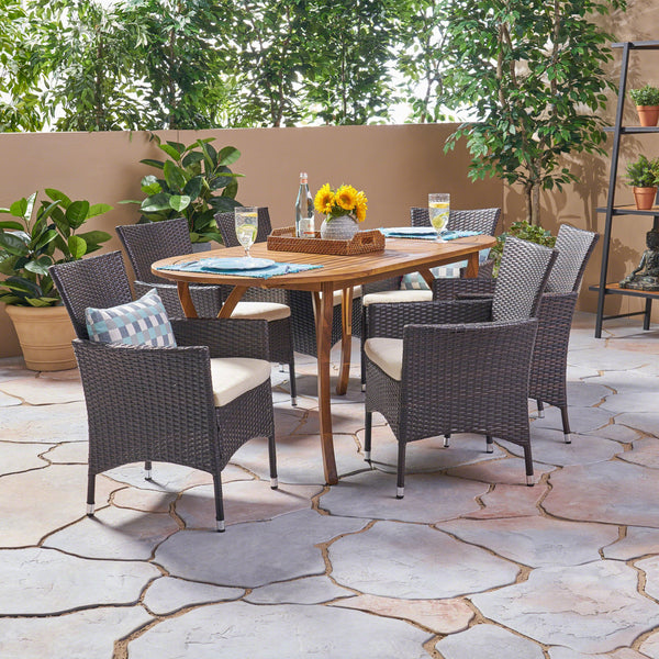 Outdoor 7 Piece Acacia Wood and Wicker Dining Set, Teak with Multi Brown Chairs - NH520503