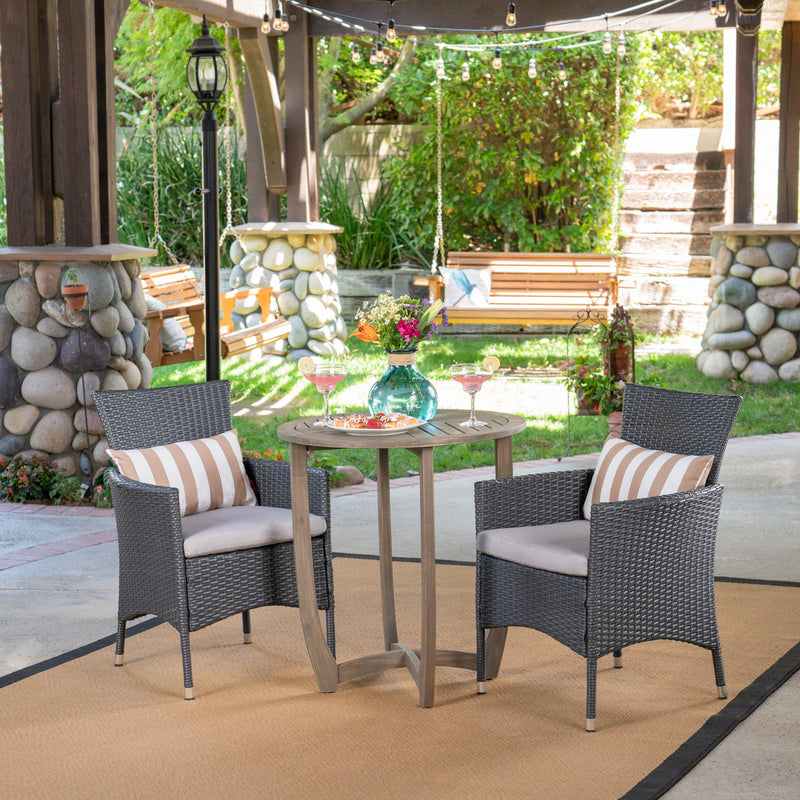 Outdoor 3 Piece Wood and Wicker Bistro Set, Gray and Gray - NH761503