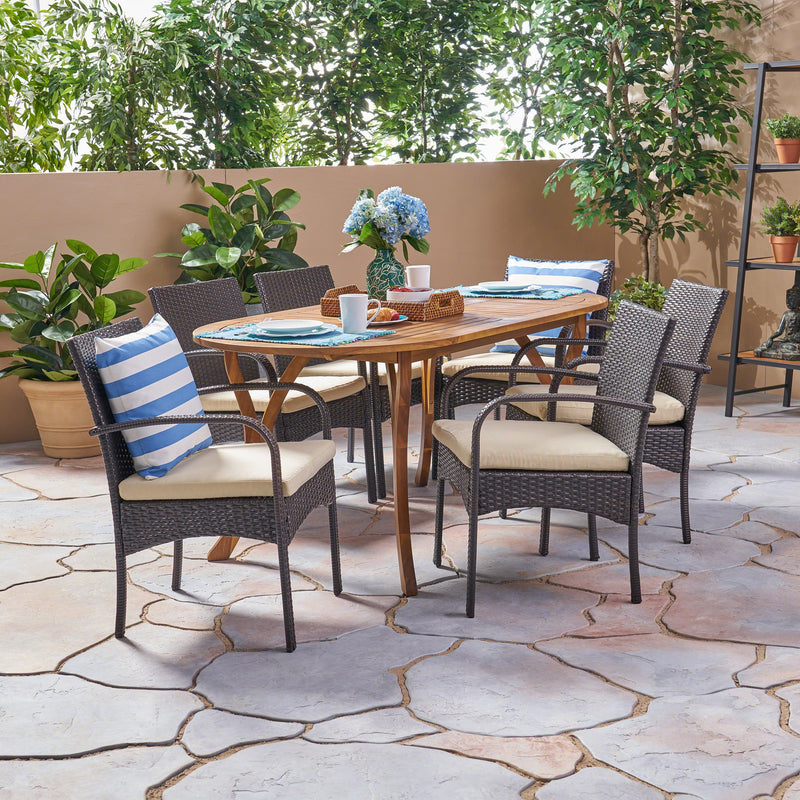 Outdoor 7 Piece Acacia Wood and Wicker Dining Set, Teak with Multi Brown Chairs - NH720503