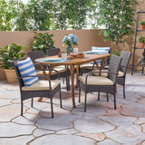 Outdoor 7 Piece Acacia Wood and Wicker Dining Set, Teak with Multi Brown Chairs - NH720503