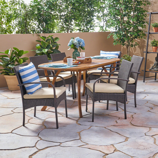 Outdoor 7 Piece Acacia Wood and Wicker Dining Set, Teak with Multi Brown Chairs - NH720503
