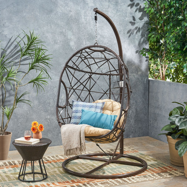 Outdoor Brown Wicker Hanging Teardrop / Egg Chair - NH669432