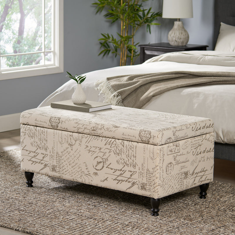 Fabric Storage Ottoman Bench with French Script - NH559592