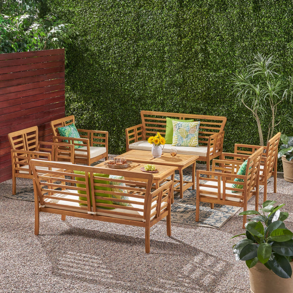 Outdoor Modern Acacia Wood 8 Seater Chat Set with Cushions - NH693113