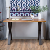 Farmhouse Teak Finish Acacia Wood Desk with Black X-Frame Legs - NH076692