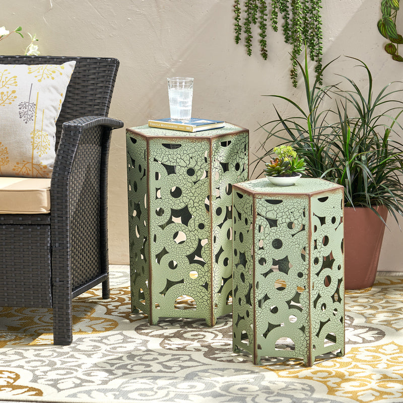 Outdoor Hexagonal Antique Orange Iron Accent Tables (Set of 2) - NH776692