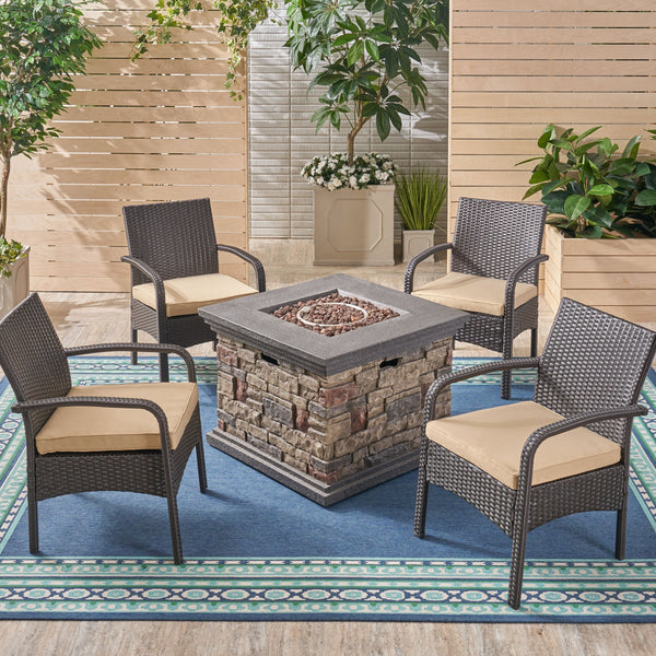 Patio Fire Pit Set, 4-Seater with Club Chairs, Wicker with Outdoor Cushions - NH052703