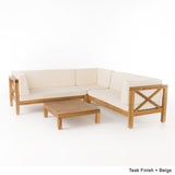 Outdoor 4 Piece V-Shaped Acacia Wood Sectional Sofa and Coffee Table Set - NH121992