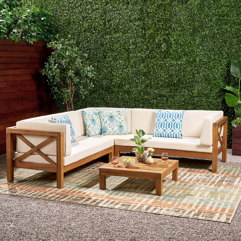 Outdoor 4 Piece V-Shaped Acacia Wood Sectional Sofa and Coffee Table Set - NH121992