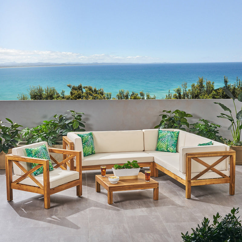 Outdoor 6 Seater Acacia Wood Sectional Sofa and Club Chair Set - NH524803