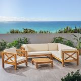 Outdoor 6 Seater Acacia Wood Sectional Sofa and Club Chair Set - NH524803