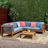 Outdoor 4 Piece V-Shaped Acacia Wood Sectional Sofa and Coffee Table Set - NH121992