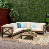 Outdoor 4 Piece V-Shaped Acacia Wood Sectional Sofa and Coffee Table Set - NH121992
