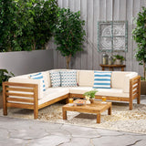 4 Piece Outdoor Wooden Sectional Set w/ Dark Grey Cushions - NH811992