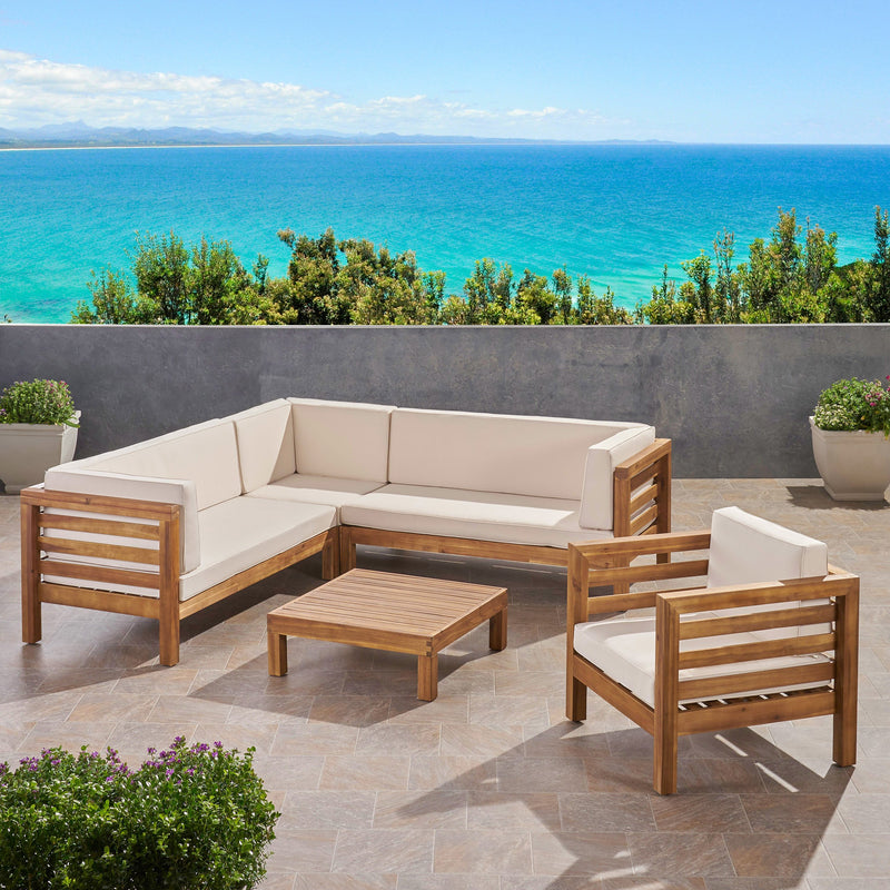 Outdoor 6 Seater Acacia Wood Sectional Sofa and Club Chair Set - NH474803