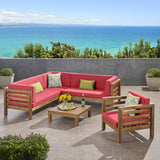 Outdoor 6 Seater Acacia Wood Sectional Sofa and Club Chair Set - NH474803