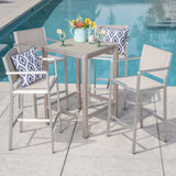 Outdoor 5 Piece Silver Rust-Proof Aluminum Bar Set with Grey Mesh Seats and Grey Tempered Glass Top Bar Table - NH662403