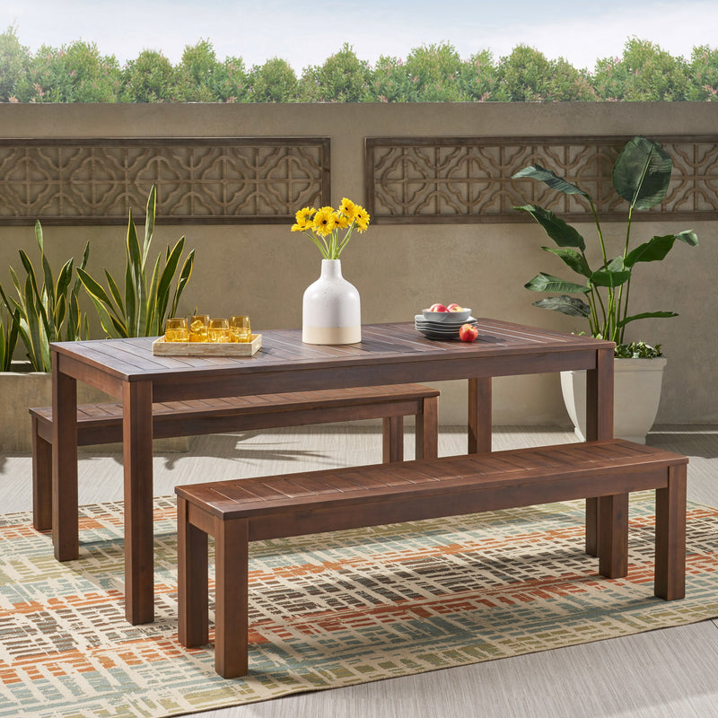 Rustic Outdoor Slat Dark Brown Acacia Wood Picnic Set - NH728992