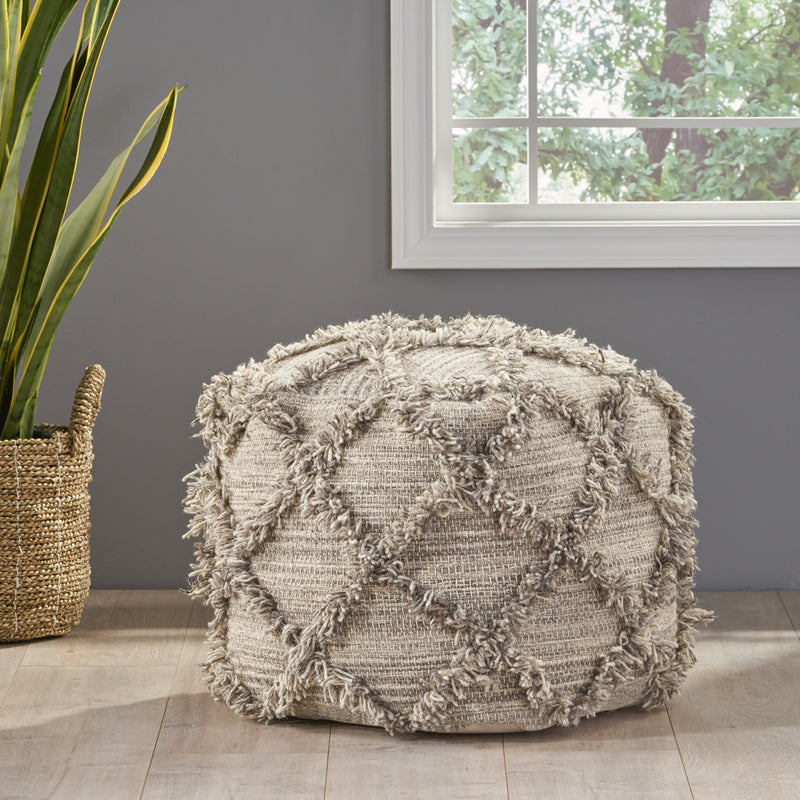 Boho Artisan Hand Woven Wool and Cotton Cube Pouf - NH676992