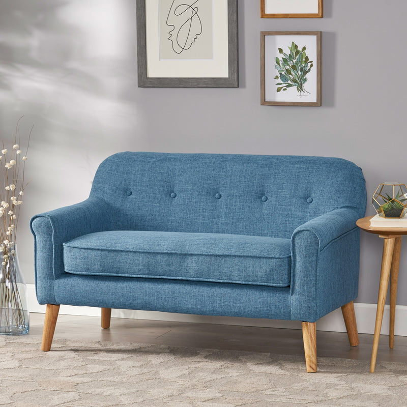 Mid-Century Modern Button Tufted Fabric Upholstered Loveseat w/ Tapered Legs - NH792103