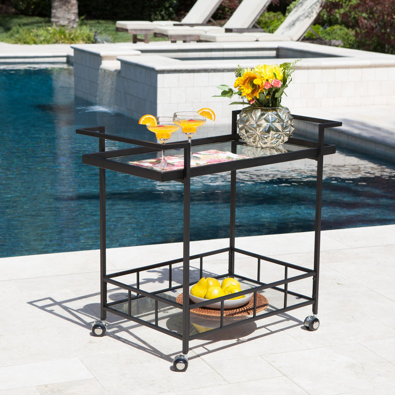 Outdoor Industrial Black Powder Coated Iron Bar Cart with Tempered Glass Shelves - NH953203