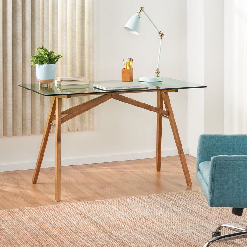 Mid-Century Acacia Wood Desk with Tempered Glass Top - NH941203