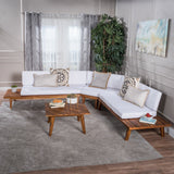 Indoor Minimalist V Shaped 4 Piece Sandblast Finished Acacia Wood Sectional Sofa Set with White Cushions - NH016203