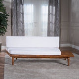 Indoor Minimalist V Shaped 4 Piece Sandblast Finished Acacia Wood Sectional Sofa Set with White Cushions - NH016203