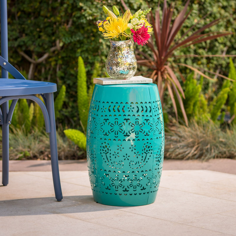 Outdoor Modern 12-Inch Floral Cut Metal Barrel Side Table - NH365103