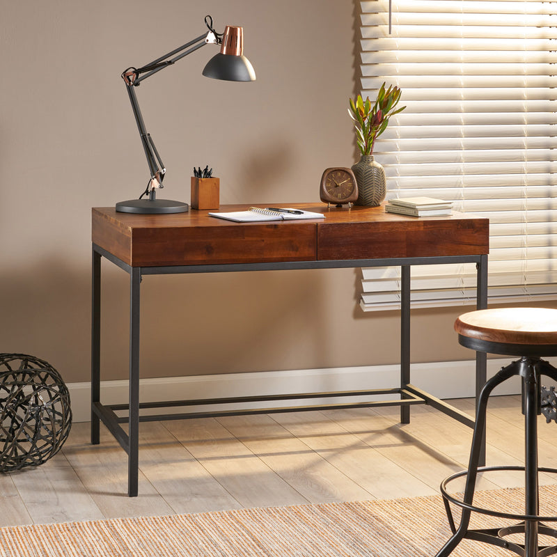 Industrial Dark Oak Acacia Wood Storage Desk with Rustic Metal Iron Accent - NH751203