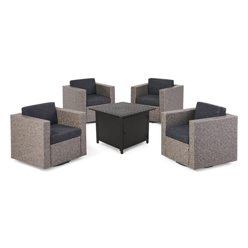 Outdoor 4 Seater Wicker Swivel Chair and Fire Pit Set - NH169213