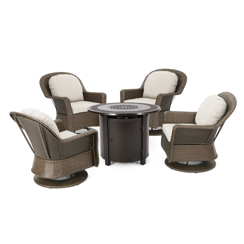 Outdoor 4 Seater Wicker Swivel Chair and Fire Pit Set - NH479213