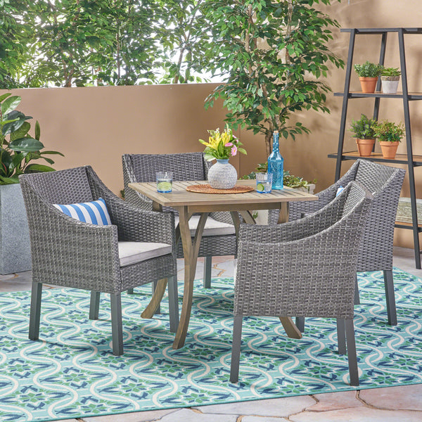 Outdoor 5 Piece Wood and Wicker Square Dining Set, Gray and Gray - NH222503