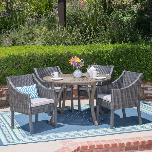 Outdoor 5 Piece Acacia Wood and Wicker Dining Set, Gray with Gray Chairs - NH220503