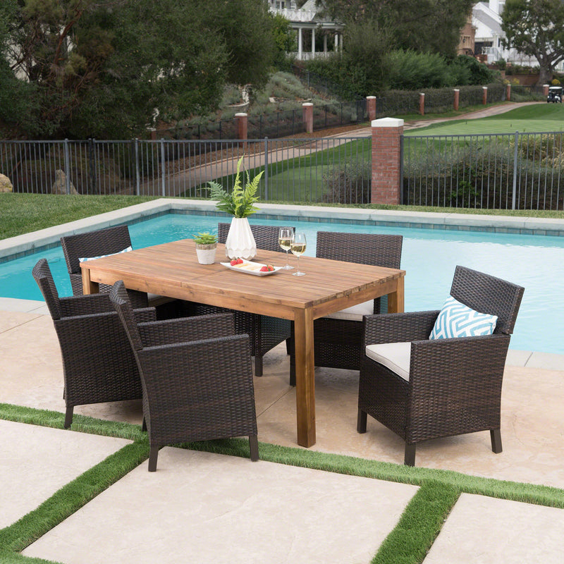 Outdoor 7 Piece Multibrown Wicker Dining Set with Teak Finished Acacia Wood Expandable Dining Table and Light Brown Water Resistant Cushions - NH475303