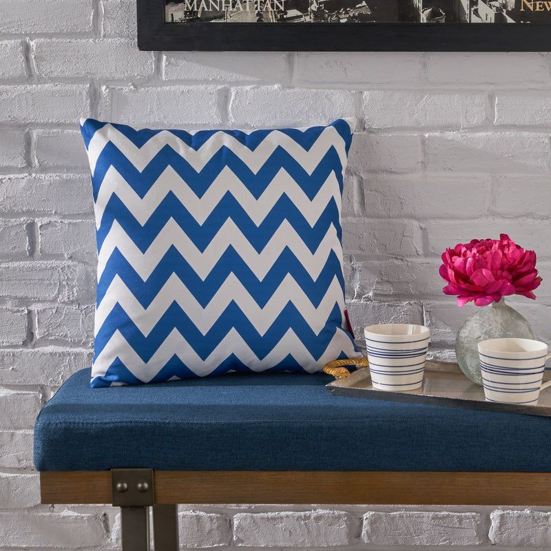 Indoor Blue and White Zig Zag Striped Water Resistant Square Throw Pillow - NH638203