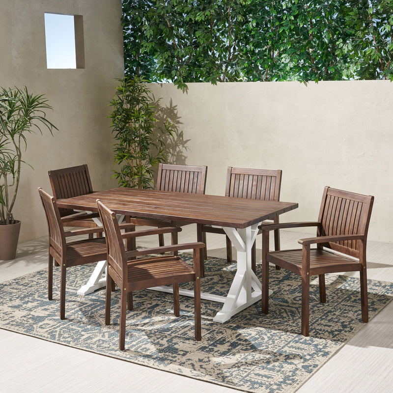 Outdoor Rustic Farmhouse Acacia Wood 7 Piece Dining Set - NH839603