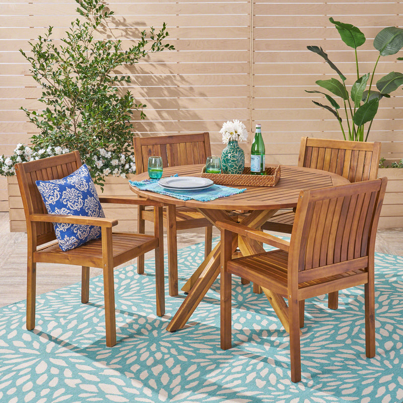 Outdoor Five Piece Acacia Dining Set, Teak Finish - NH634503