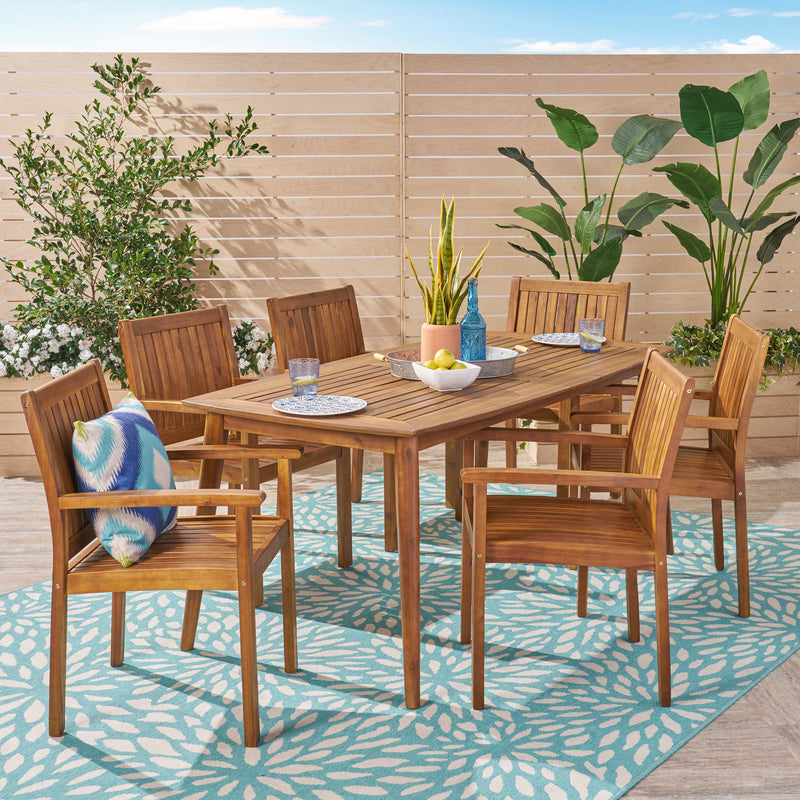 Outdoor 7 Piece Acacia Dining Set, Teak Finish - NH734503