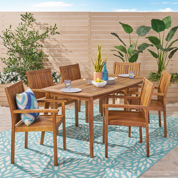 Outdoor 7 Piece Acacia Dining Set, Teak Finish - NH734503