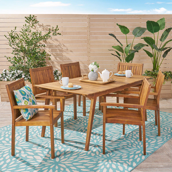 Outdoor 7 Piece Acacia Dining Set, Teak Finish - NH534503