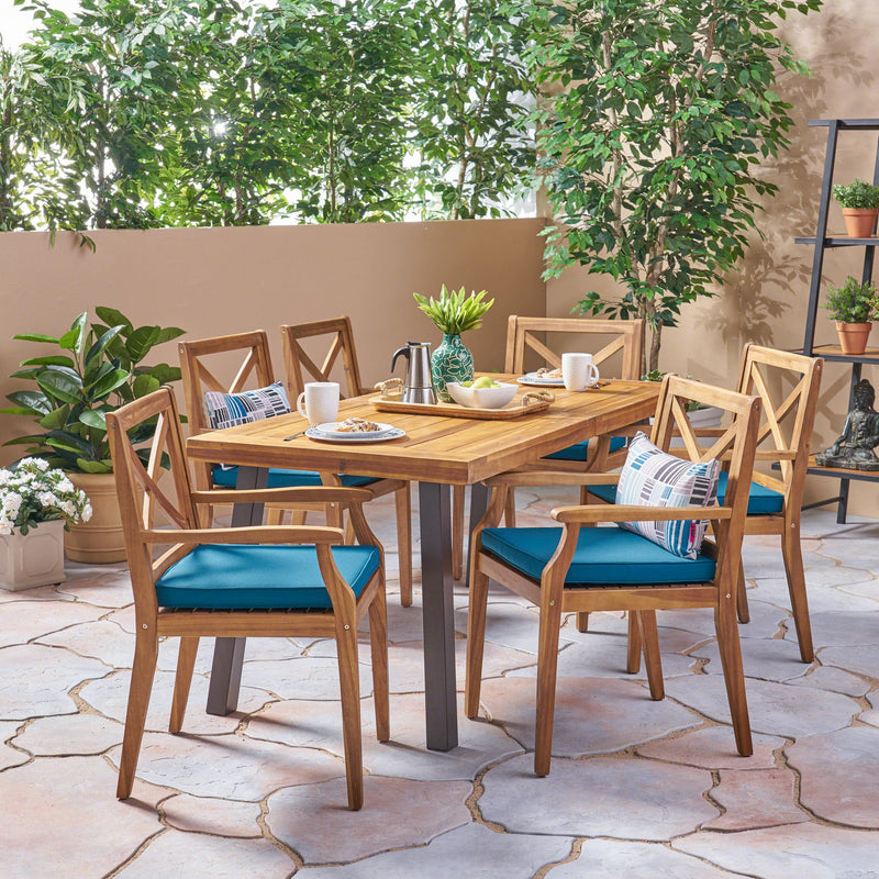 Outdoor Farmhouse Slat-Top 7 Piece Acacia Wood Dining Set with Cushions - NH877503