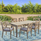 Outdoor Farmhouse Slat-Top 7 Piece Acacia Wood Dining Set with Cushions - NH877503