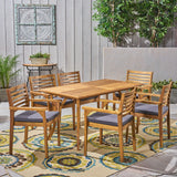 Outdoor Acacia 6-Seater Dining Set with Cushions and 59" Rectangular Table with Carved Legs - NH042703