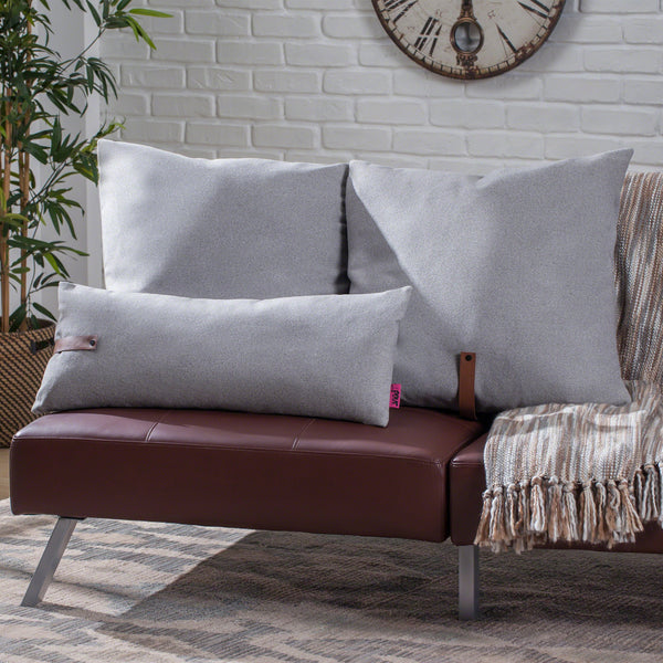 Contemporary Square and Rectangular Fabric Pillow Set with Faux Leather Strap - NH473903