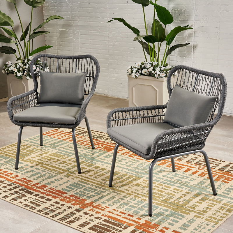 Outdoor Club Chairs, Steel and Rope, Water-Resistant Cushions, Boho - NH705703