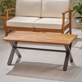 Outdoor Farmhouse Teak Acacia Wood Coffee Table with Black X-Frame Legs - NH693403